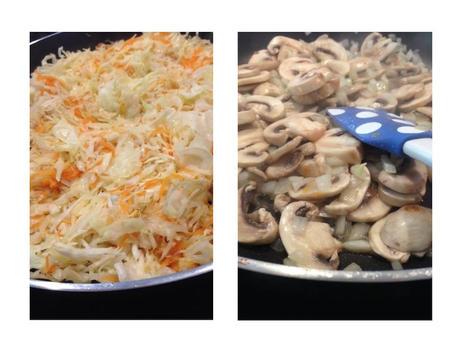 step-by-step-photo collage of making savory crepes with mushroom and cabbage