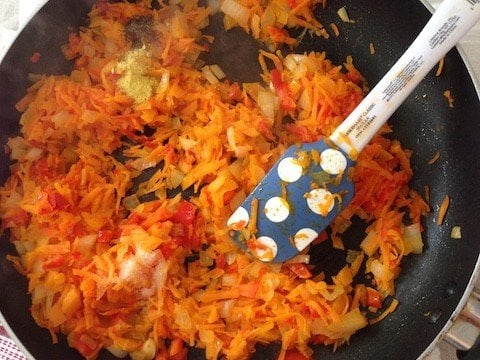 Sautéed vegetables (carrots, onion, bell peppers, and garlic) for the eggplant roll ups.