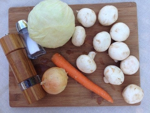 ingredients for savory crepes with cabbage and mushrooms