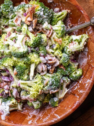 broccoli salad inside a salad bowl