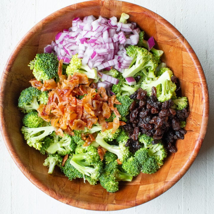 all the prepped salad ingredients for broccoli salad