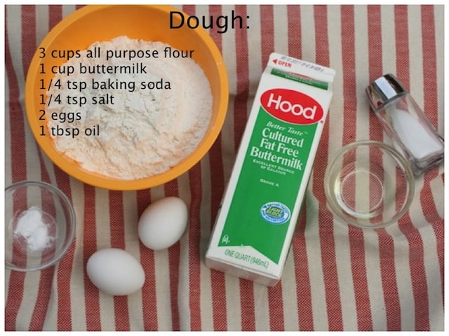ingredients for Vareniki (buttermilk, flour, salt, eggs, soda, and oil. 