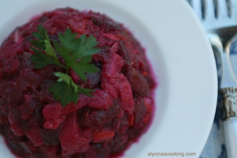 over head of Vinaigrette Salad (Ukrainian beet salad)