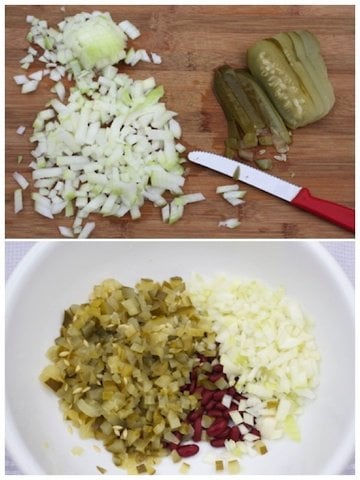 Vinaigrette salad (chopping the pickles and onion and draining the kidney beans).