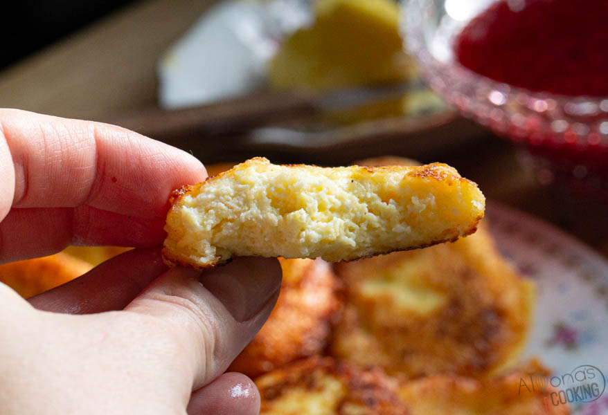 the inside of a Russian Syrniki (Russian cheese pancake)