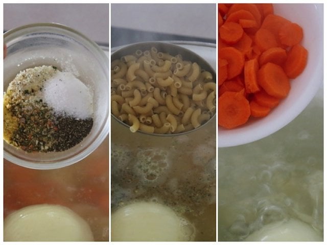 Step 6: Adding pasta, carrots, and seasonings