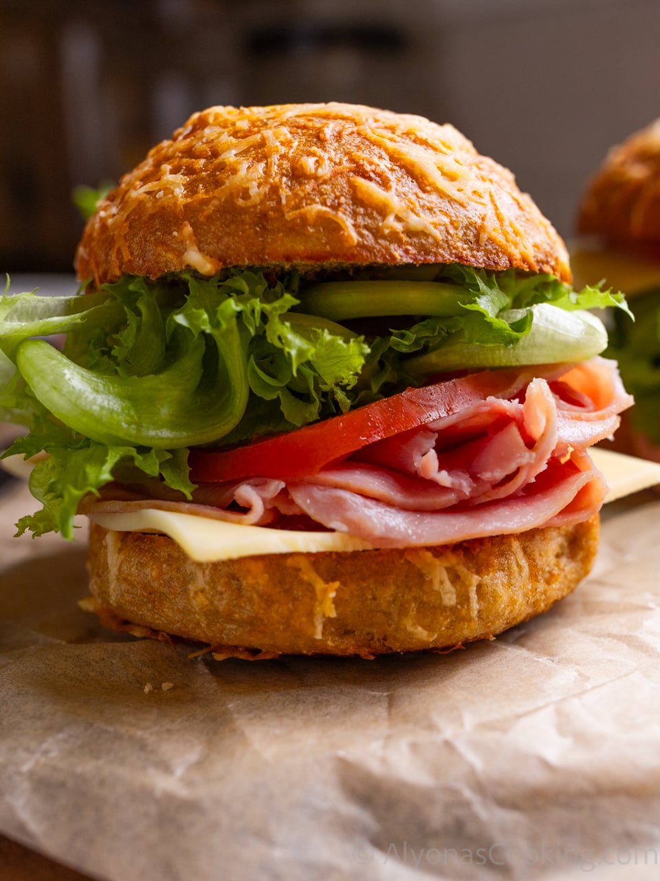 image of a homemade asiago bagel sandwich