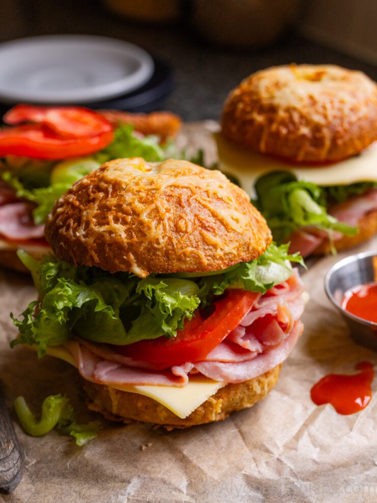 image of three asiago bagel sandwiches