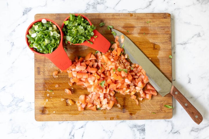 preparing and chopping ingredients for cabbage salad