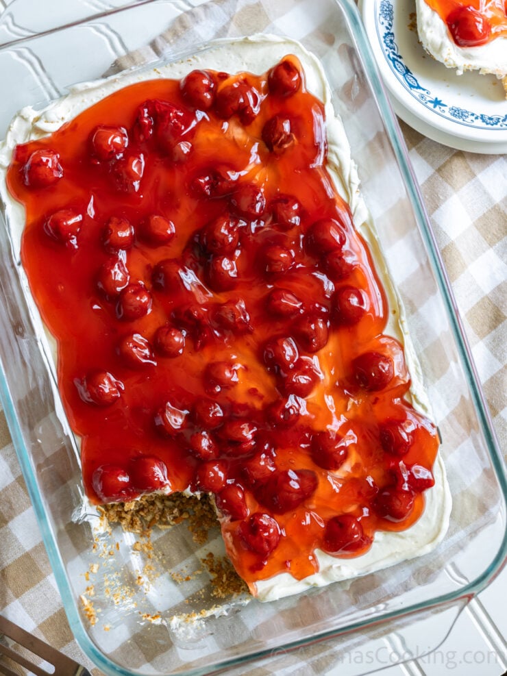 cheesecake cherry pretzel dessert (cream cheese cake with pretzel crust)