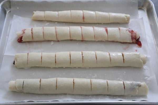 Scored Rugelach dough for baking