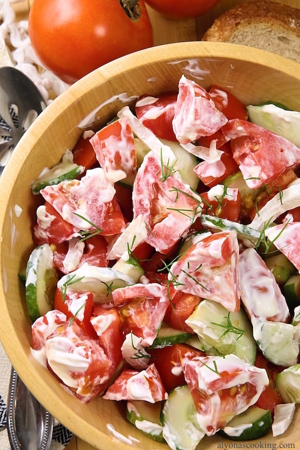Close-up of Creamy Cucumber Tomato Salad
