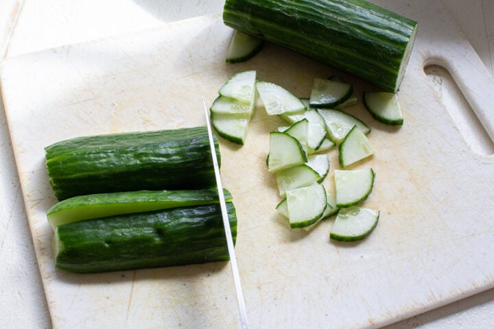 how to cut cucumber triangles for cabbage salad