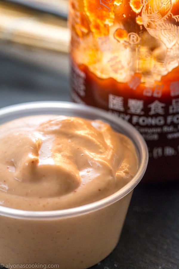 Spicy Mayo zoomed in standing by sriracha sauce in a dipping container 