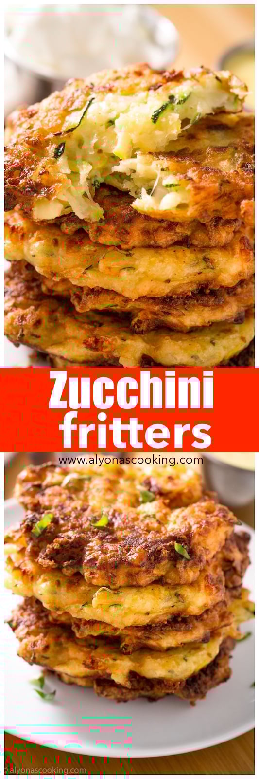 Close-up of a single golden-brown zucchini fritter with herbs