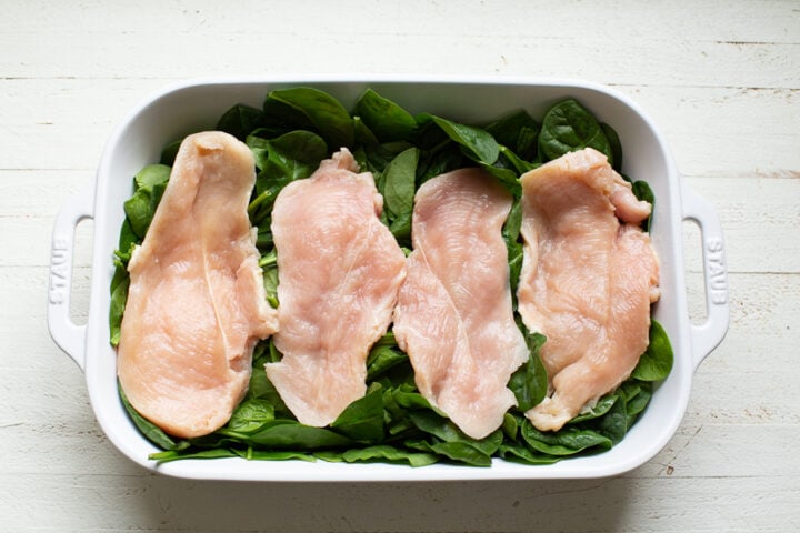 assembled chicken breasts for creamy spinach chicken casserole