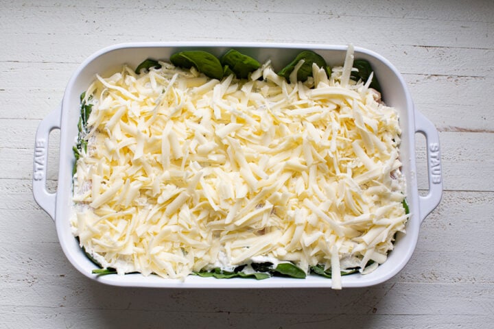assembled casserole for creamy spinach chicken bake