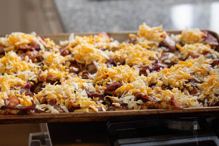 bacon bbq chicken topped with Monterey Jack cheese