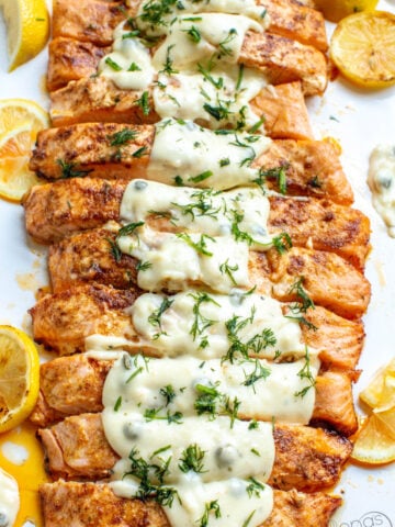 baked salmon recipe with capers Alfredo sauce. Learn how to cook salmon in the oven