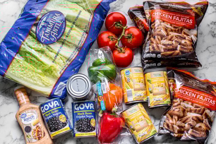 how to make southwest chicken salad with corn, black beans, grilled chicken, bell peppers, romaine lettuce, tomatoes and chipotle ranch dressing