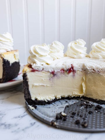 image of a homemade white chocolate raspberry cheesecake like The Cheesecake Factory Restaurant