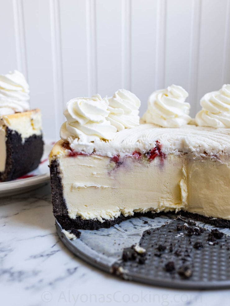 image of a homemade white chocolate raspberry cheesecake like The Cheesecake Factory Restaurant