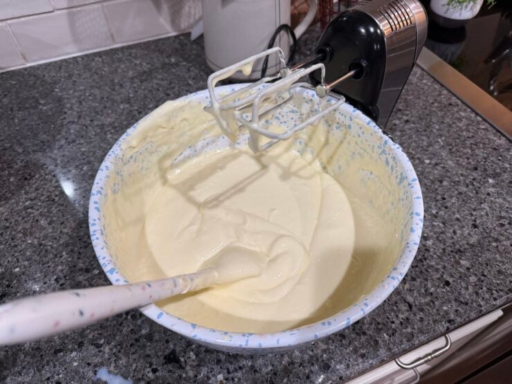 image of a cheesecake batter for white chocolate raspberry cheesecake