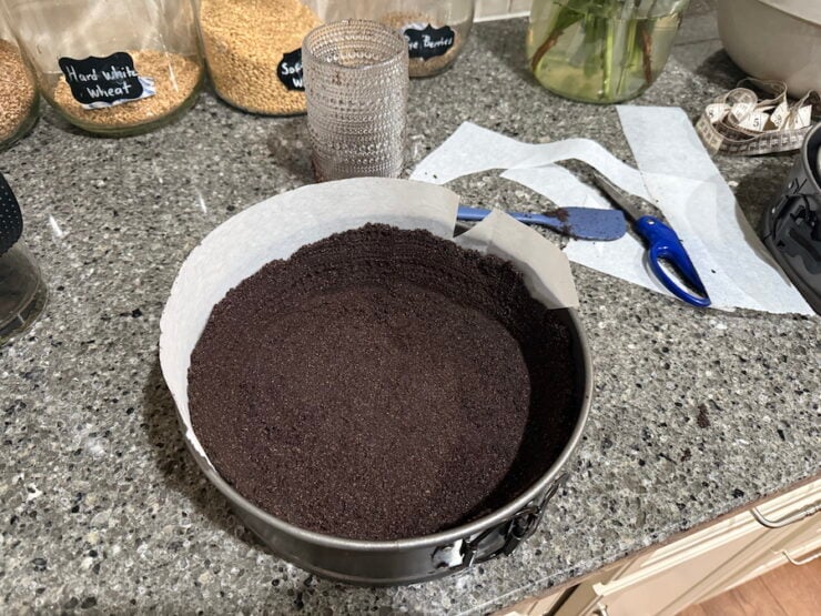 image of a homemade chocolate crust for white chocolate raspberry cheesecake