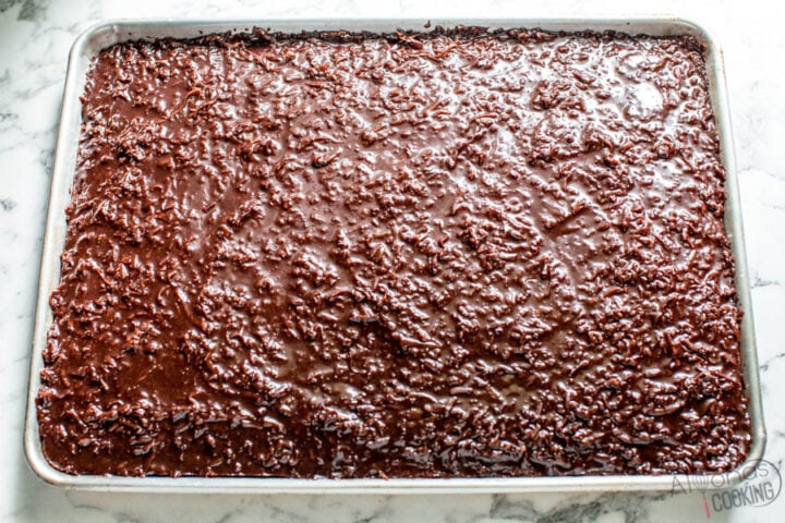 chocolate sheet cake with the poured coconut fudge icing on top in a sheet pan