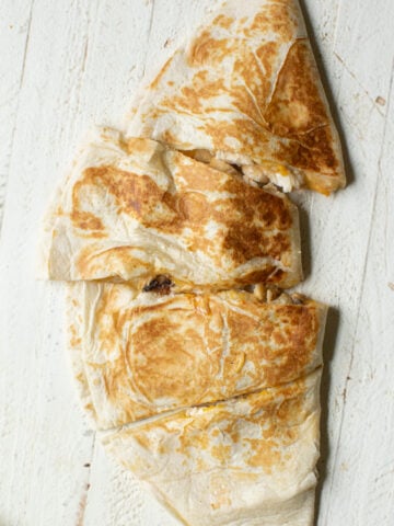Image of a Copycat Taco Bell chicken quesadilla cut into wedges