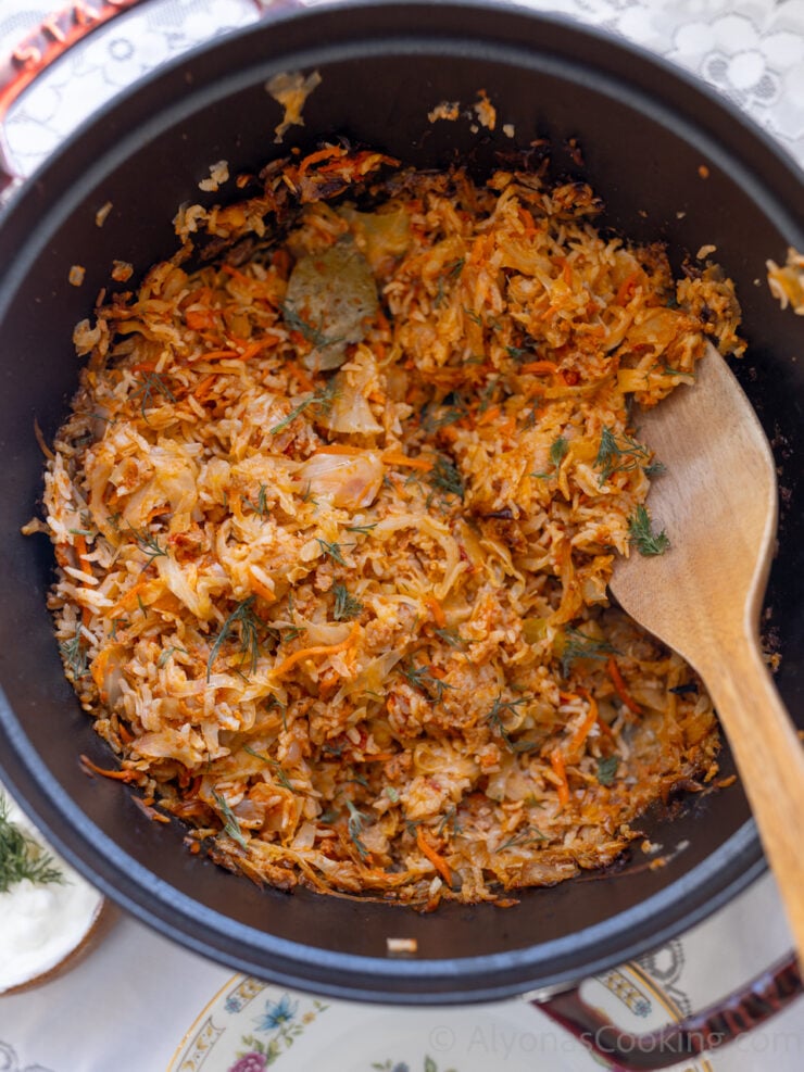 image of unstuffed cabbage rolls cooked in a dutch oven