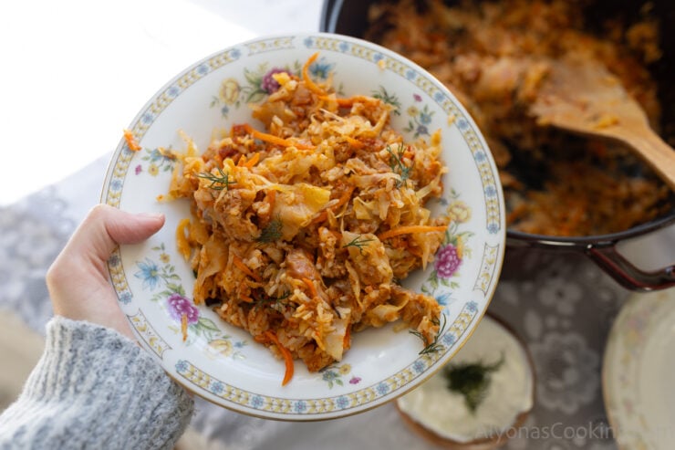 image of my Ukrainian moms "lazy cabbage rolls" photographed in an antique serving bowl.