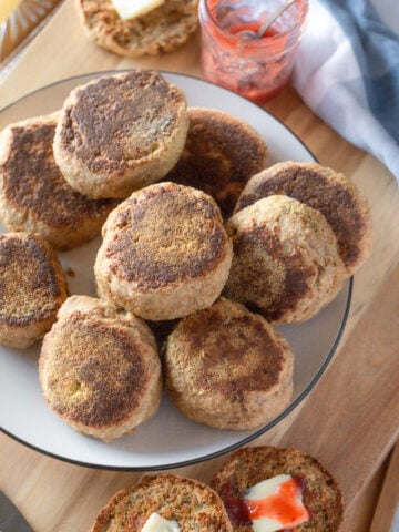 sourdough english muffins with whole wheat flour (hard white wheat berries that have been freshly milled)