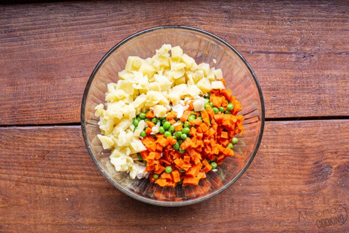 how to poach the chicken and vegetables for chicken pot pie and then dice or cube