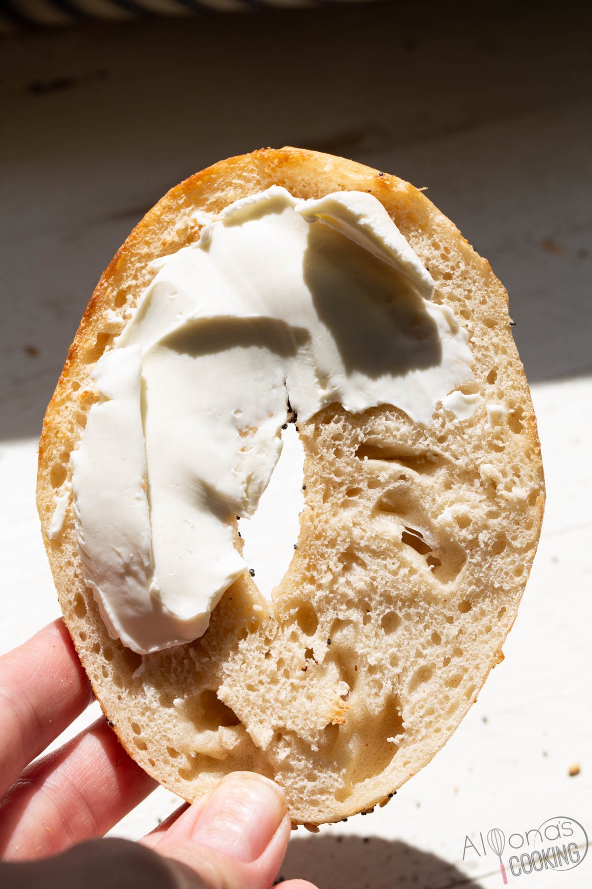 New York Style bagels with chewy crust and nooks and crannies inside 