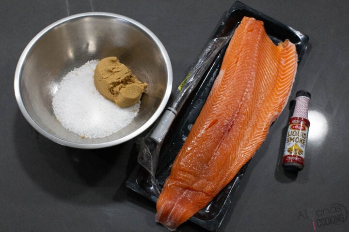 ingredients for smoked salmon (lox recipe); fresh 3-pound salmon fillet, Hickory liquid smoke, brown sugar, sea salt, and oil
