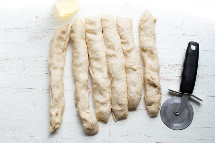 pretzel dough cut into strips