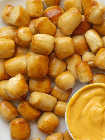 soft pretzel bites with cheddar cheese dip