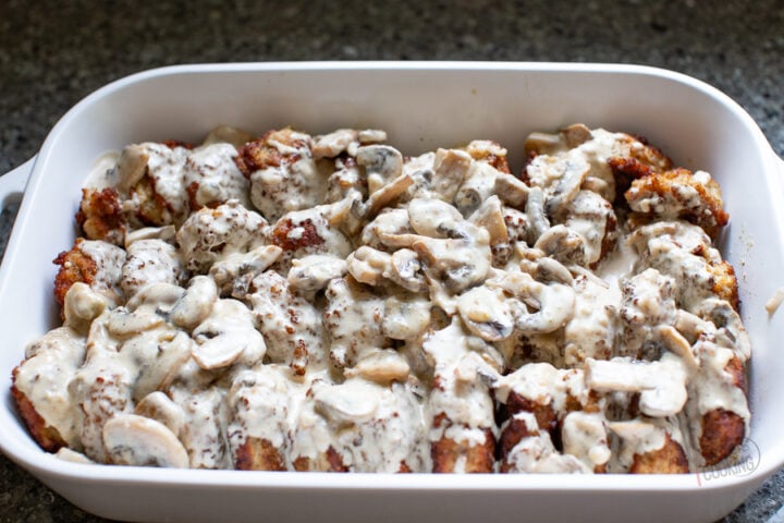 assembled chicken meatballs in cream sauce