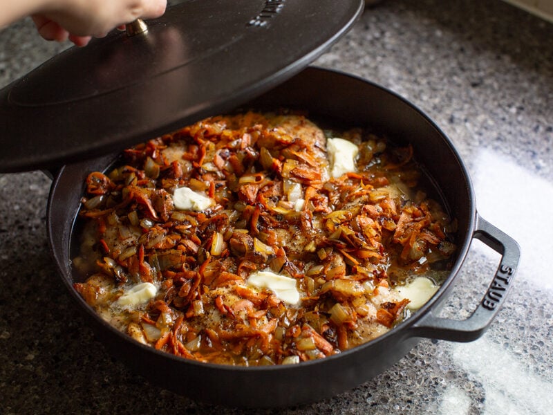 preparing to bake buckwheat with chicken