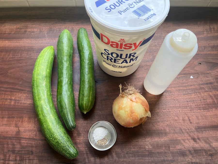 ingredients for creamy cucumber and onion saald 