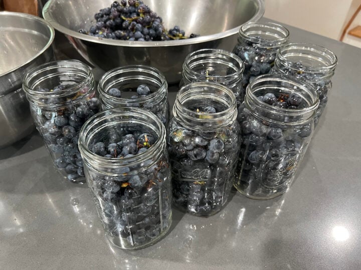 packing whole grapes into jars