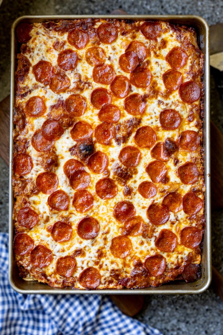 whole wheat sourdough focaccia pizza also known as Sicilian pizza with a thick rectangular crust