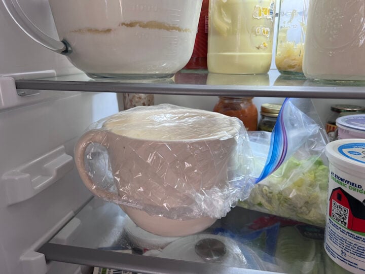 whole wheat sourdough pancakes fermenting in the fridge