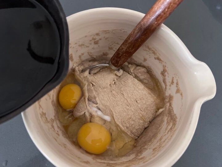 adding the remaining sourdough pancake ingredients