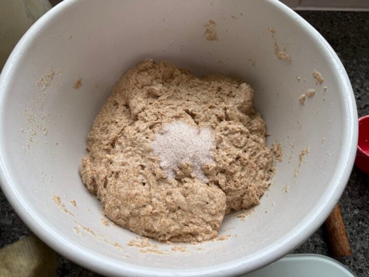adding salt to sourdough baguette dough