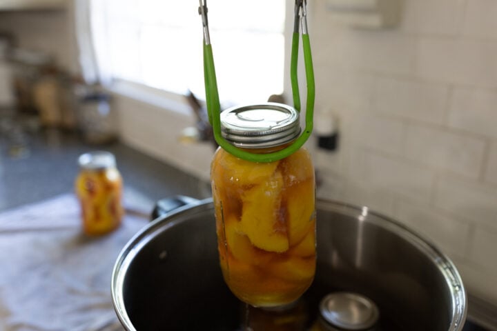 removing canned peaches from a water bath