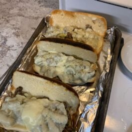 Philly cheese steak on a pan ready to eat.