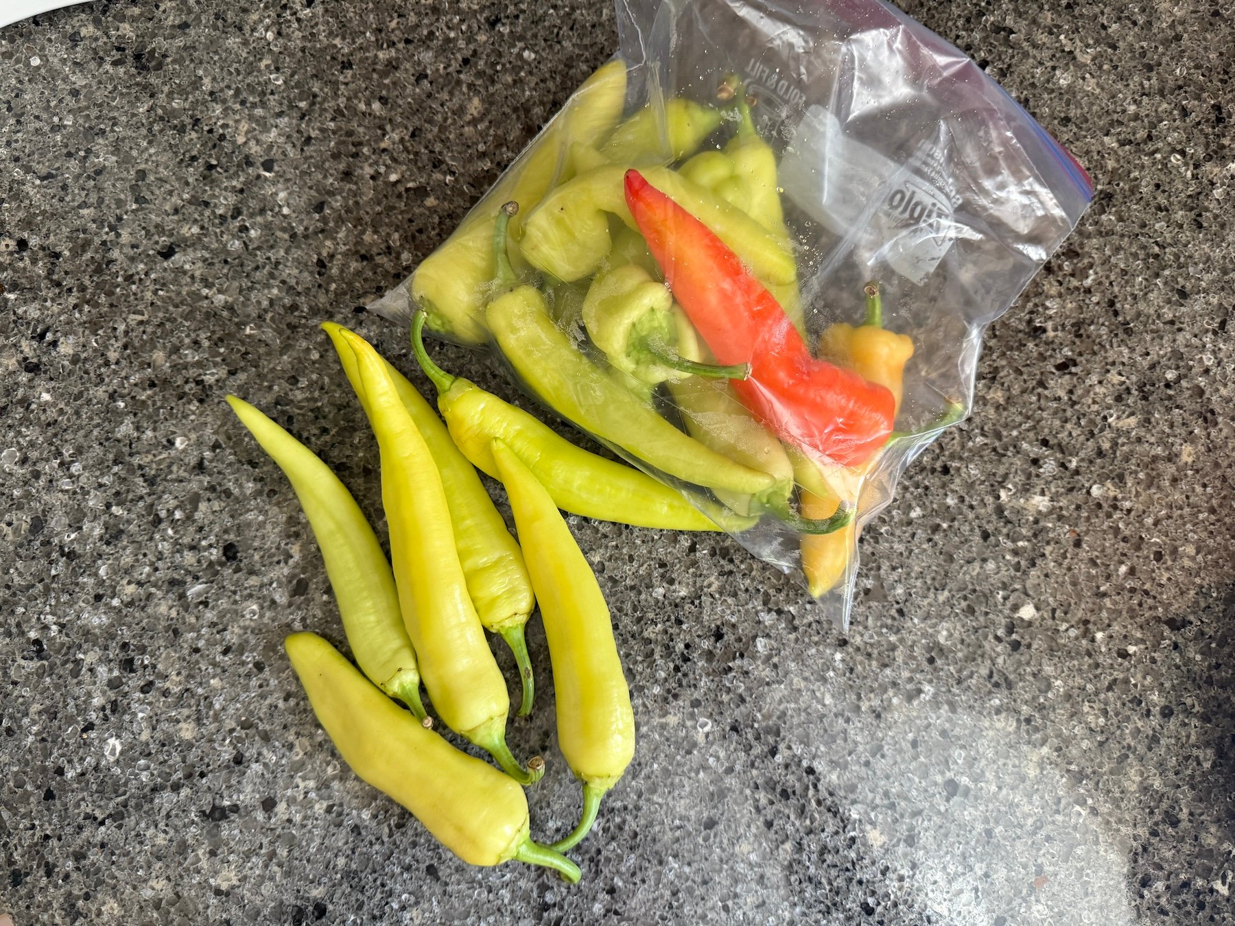 a bag of hand-picked banana peppers