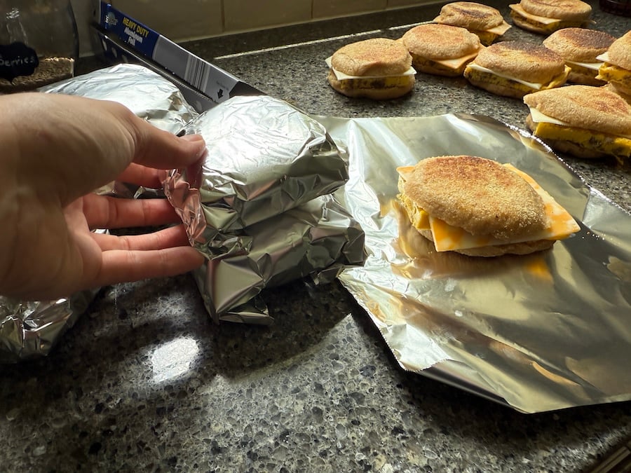 freezing English muffin breakfast sandwiches using homemade whole wheat English muffins